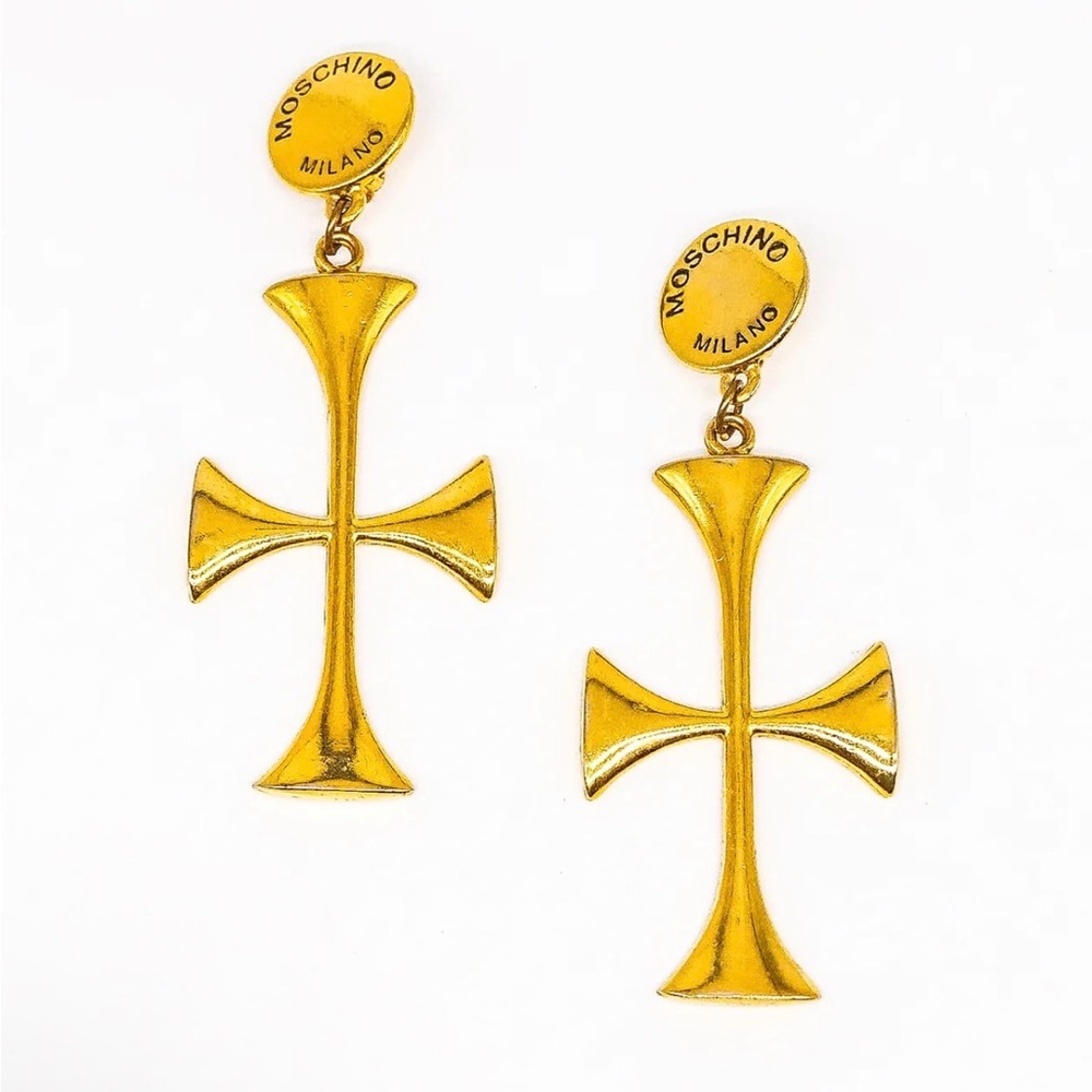 Moschino Gold Cross Drop Clip-On Earrings